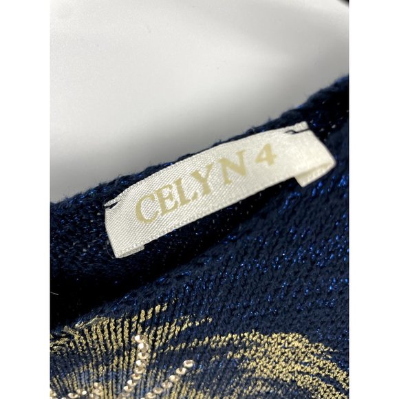 Celyn Blue sweater with Gold Lion Face and Rhinestones Size S - Picture 4 of 5